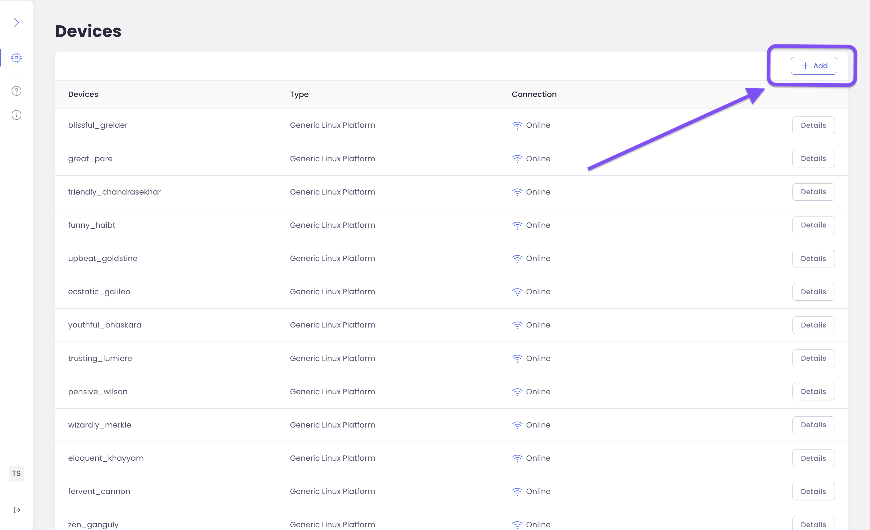 Orchestra Manager Devices page.